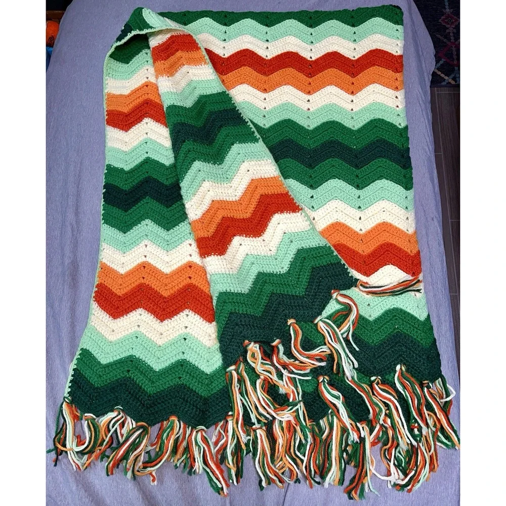 Handmade Crocheted Afghan Multicolored Zig Zag Chevron 50